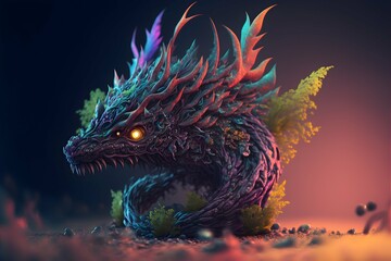 create an unreal engine 5 render of a 3D image using the paranoiac critical method that picks a sea of psychedelic alien creatures forming the shape of a dragon The dragon should be composed of the  - obrazy, fototapety, plakaty