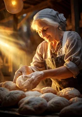 Selbstklebende Fototapeten Elderly woman baking bread in village, enhanced by volumetric lighting and bokeh.  © swissa