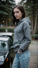 portrait of a 23 y.o woman wearing gray hoodie and jeans