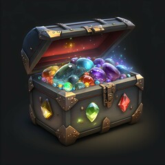 Premium currency shop chest overflowing full of sparkly gems iconography for a videogame cash shop Metallic and obsidian chest  - obrazy, fototapety, plakaty