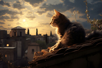 Gato en tejado mirando el horizonte - obrazy, fototapety, plakaty