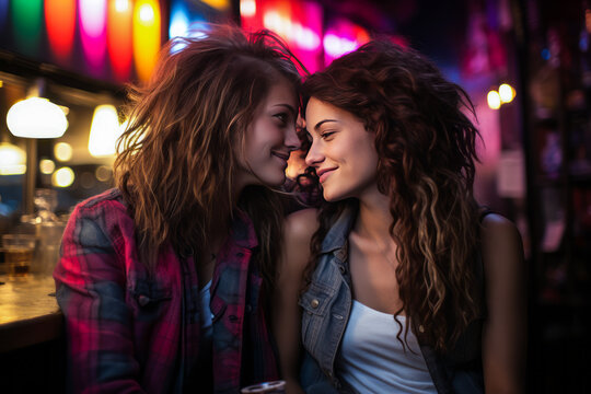 Intimate portrayal of a thoughtful lesbian woman gazing into her partner's eyes in a cozy gay bar, embodying love, connection and LGBTQ+ pride.