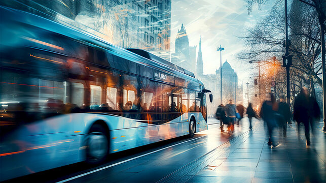 City bus motion blur with beautiful traffic lights and reflections. Commuting and city life concept 