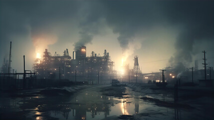 Naklejka premium Industrial waste and pollution. Power station with pipes and smoke stack, dirty industrial landscape