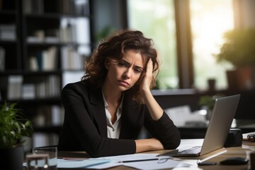 Obraz premium a young adult business woman female manager working late hours in the office looking stressed