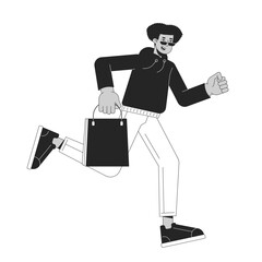 Shopper male running with boutique bag black and white 2D line cartoon character. Hispanic man in sunglasses in rush isolated vector outline person. Shopaholic monochromatic flat spot illustration