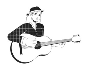 Guitarist girl plucking strings on acoustic guitar black and white 2D line cartoon character. European woman isolated vector outline person. Playing instrument monochromatic flat spot illustration