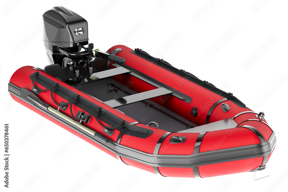 Poster red inflatable boat with outboard motor, 3d rendering isolated on transparent background