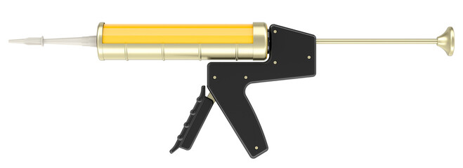Caulking Gun, Silicone Gun. Hand Caulking Gun, Caulk Gun, Sealant Gun with silicone sealant tube, 3D rendering isolated on transparent background - obrazy, fototapety, plakaty