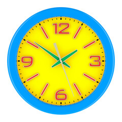 Wall clock closeup, front view. 3D rendering isolated on transparent background