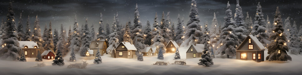 christmas village lit up in lighted snow, in the style of rustic texture, panorama, dark gray - obrazy, fototapety, plakaty