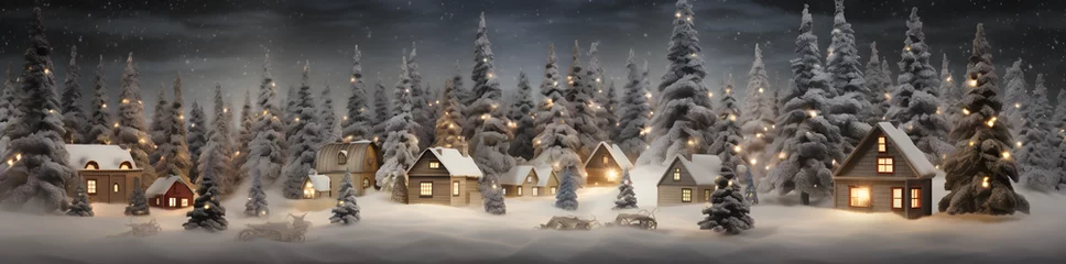 Zelfklevend Fotobehang christmas village lit up in lighted snow, in the style of rustic texture, panorama, dark gray © Milito
