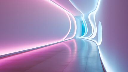 the hallway has neon lights with long strips in different color shades, in the style of luminous 3d objects, light violet, shaped canvas