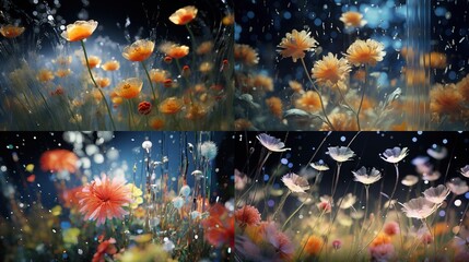  a painting of a field of flowers with rain falling on them.  generative ai