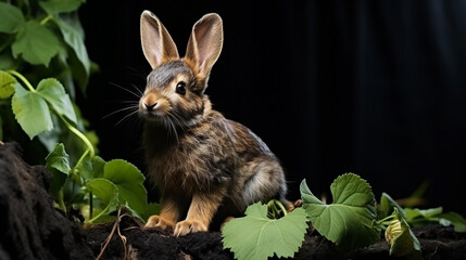 Fototapeta premium Rabbit close-up on a dark background.