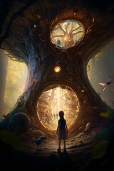 view from below Enchanted forest magical tree of life covered in fairy doors little girl standing in front of tree surrounded by fairies secret garden Swiss family Robinson pixies golden hour god  - obrazy, fototapety, plakaty