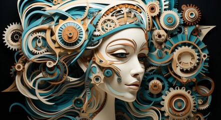 Art of a head with paper gear with cogs and gears in the style of light teal and light brown