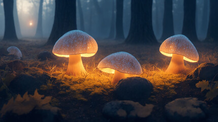 glowing mushrooms in the woods