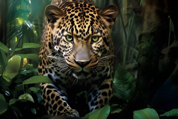 Embark on a realistic journey into the wild as a leopard stealthily prowls through the dense jungle, Generative AI
