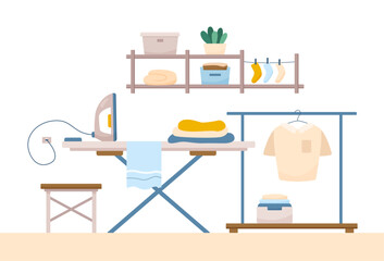 Flat laundry room interior design with ironing board and clothing. Laundry items with iron and clothes rack under shelves. Vector cartoon illustration with ironing accessories for poster or template