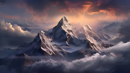 Immerse yourself in the realistic grandeur of a towering mountain peak, its jagged edges reaching for the endless sky, Generative AI

