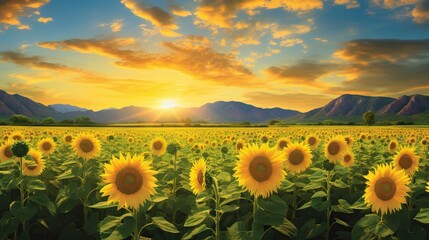 Obraz premium a sunflower field with mountains in the background at sunset. generative ai