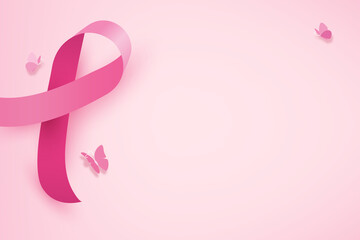 Female breast cancer background with pink ribbon symbol and copy space