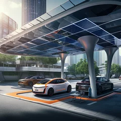 Schilderijen op glas decentralized solar modules in a city car charging on charging stations   Generative AI © Kay