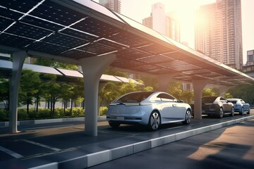 decentralized solar modules in a city car charging on charging stations | Generative AI