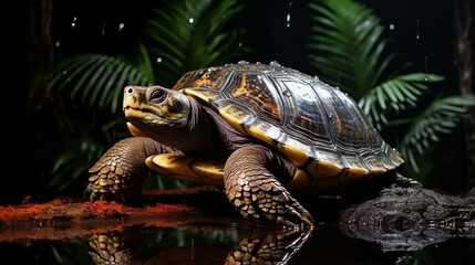 Obraz premium Turtle close-up on a dark background.