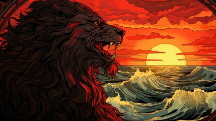 A lion with a red sunset in the background, AI