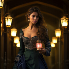 Fantasy victorian woman walks the hallways of a mansion at night 