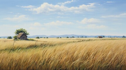 Fototapeta premium a painting of a house in a field of grass with mountains in the background. generative ai