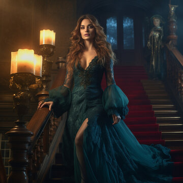 Fantasy victorian woman walks the hallways of a mansion at night 