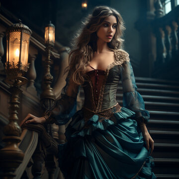 Fantasy victorian woman walks the hallways of a mansion at night 