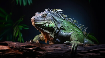 Fototapeta premium Iguana close-up on a dark background.