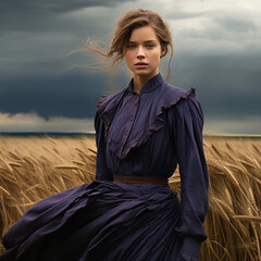 Female model in Traditional garb standing in a corn wheat field