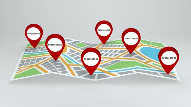 Map with Red Pin Pointer Popping up to show Foreclosure home or commercial happening in a neighborhood