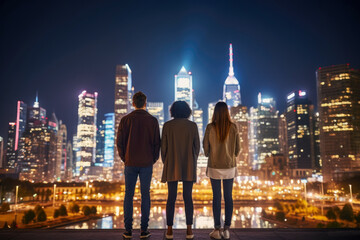 Rear view of friends standing, gazing at the dynamic cityscape with towering skyscrapers.