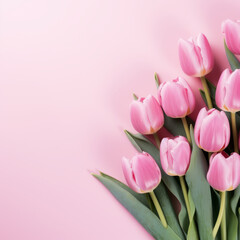 Naklejka premium Pink tulips flowers on pink background, greeting card, with space for text