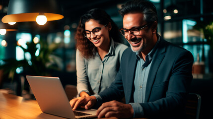 un hombre y una mujer hispanos de adulta media, trabajando en una computadora portátil