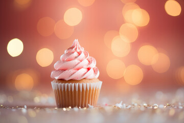 Pink muffin decorated with sprinkles, bokeh background