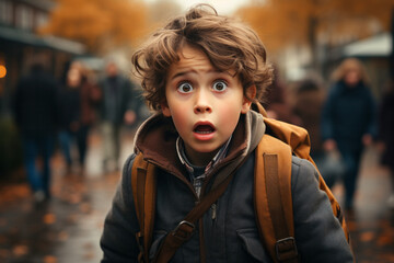 Scared and shocked school boy with backpack.