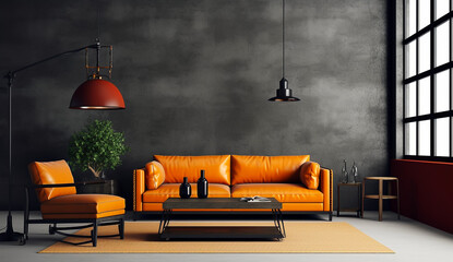 Interior design of black living room with copy space, orange sofa and elegant accessories. AI Generated
