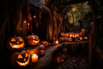 Halloween concept. Aesthetic old mystic house manor in dark forest with Halloween decorations for The Spooky Night – spider web, pumpkins, candle light.