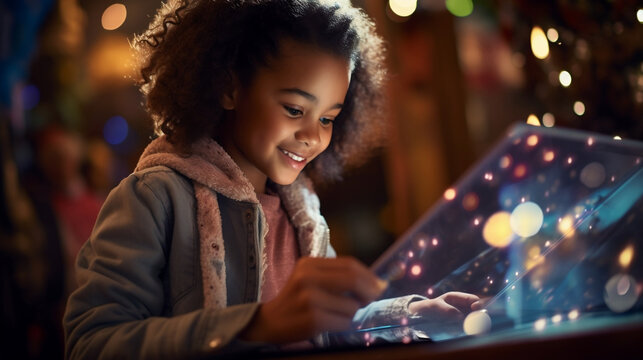 A mixed race black girl child holding a futuristic holographic screen, futuristic technology, portable device, futurism, AI, data, augmented reality