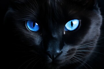 Black cat blue eyes. Dark kitten head. Generate Ai