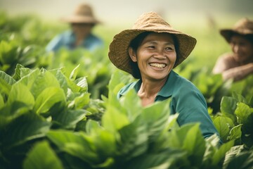 Joyful Asian Women in Agriculture: Harvesting Tobacco with Smiles. - obrazy, fototapety, plakaty