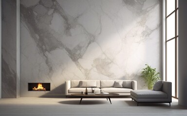 Wohnzimmer mit Marmorwand und Kamin in beige, grau minimalistisch mit Sofa