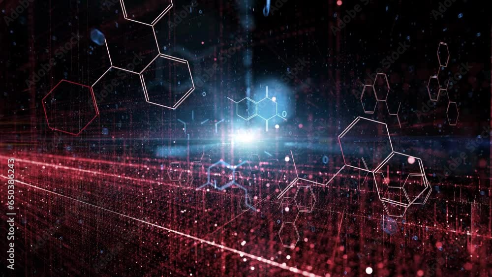 Poster red blue chemical hexagon bonds and binary data animation.